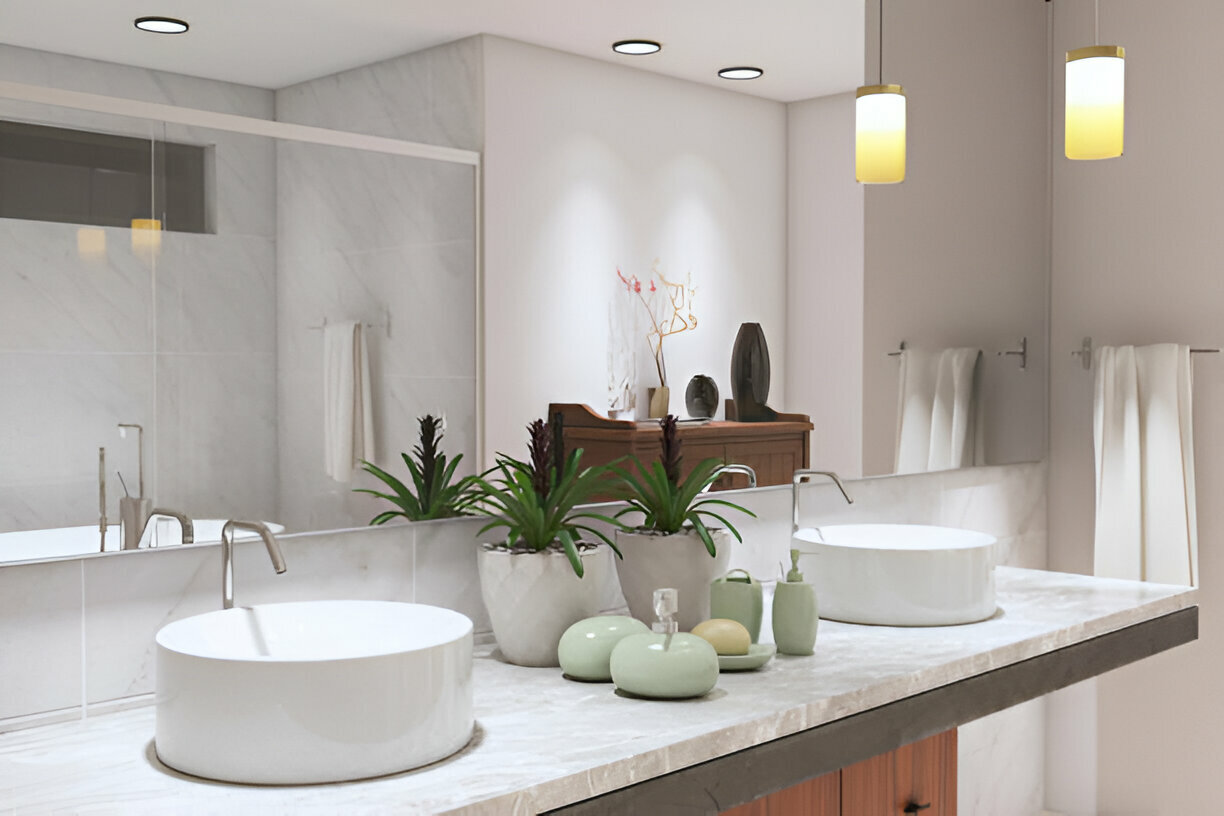 Floating wood vanity with fluted design, white countertop, double vessel sinks, and wall-mounted black faucets in a modern minimalist bathroom