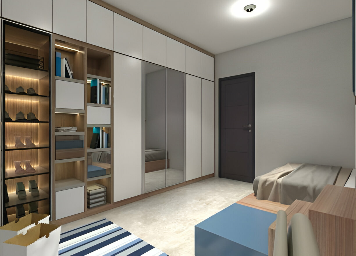 Built-in modern closet with mirrors, shelves, and backlit shoe storage in a minimalist bedroom.