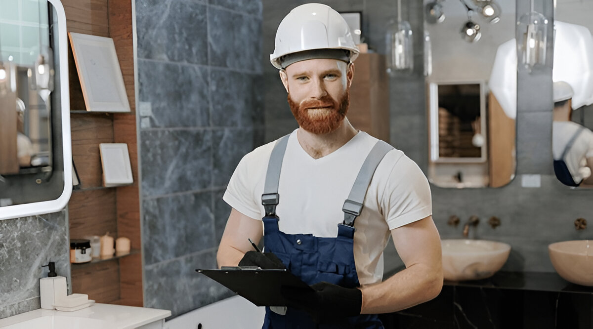 Contractor in hard hat inspecting modern bathroom interior 