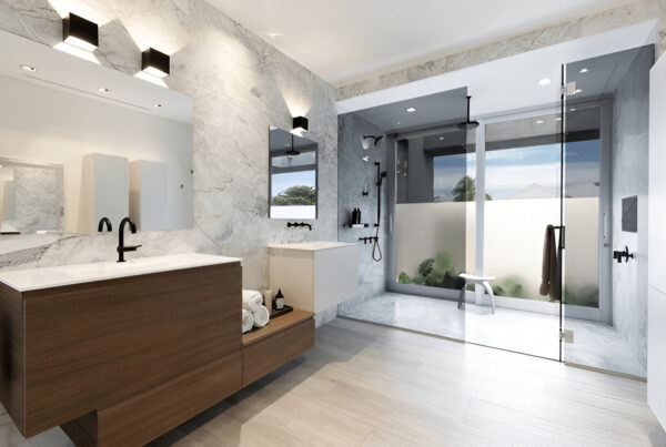 Spacious modern bathroom with walk-in shower and wood vanity