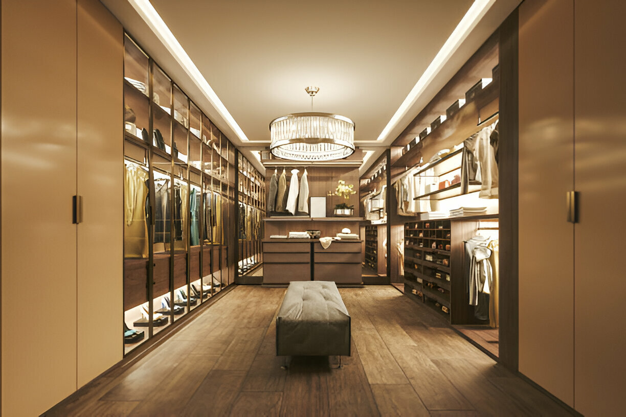 Luxury walk-in closet with modern lighting