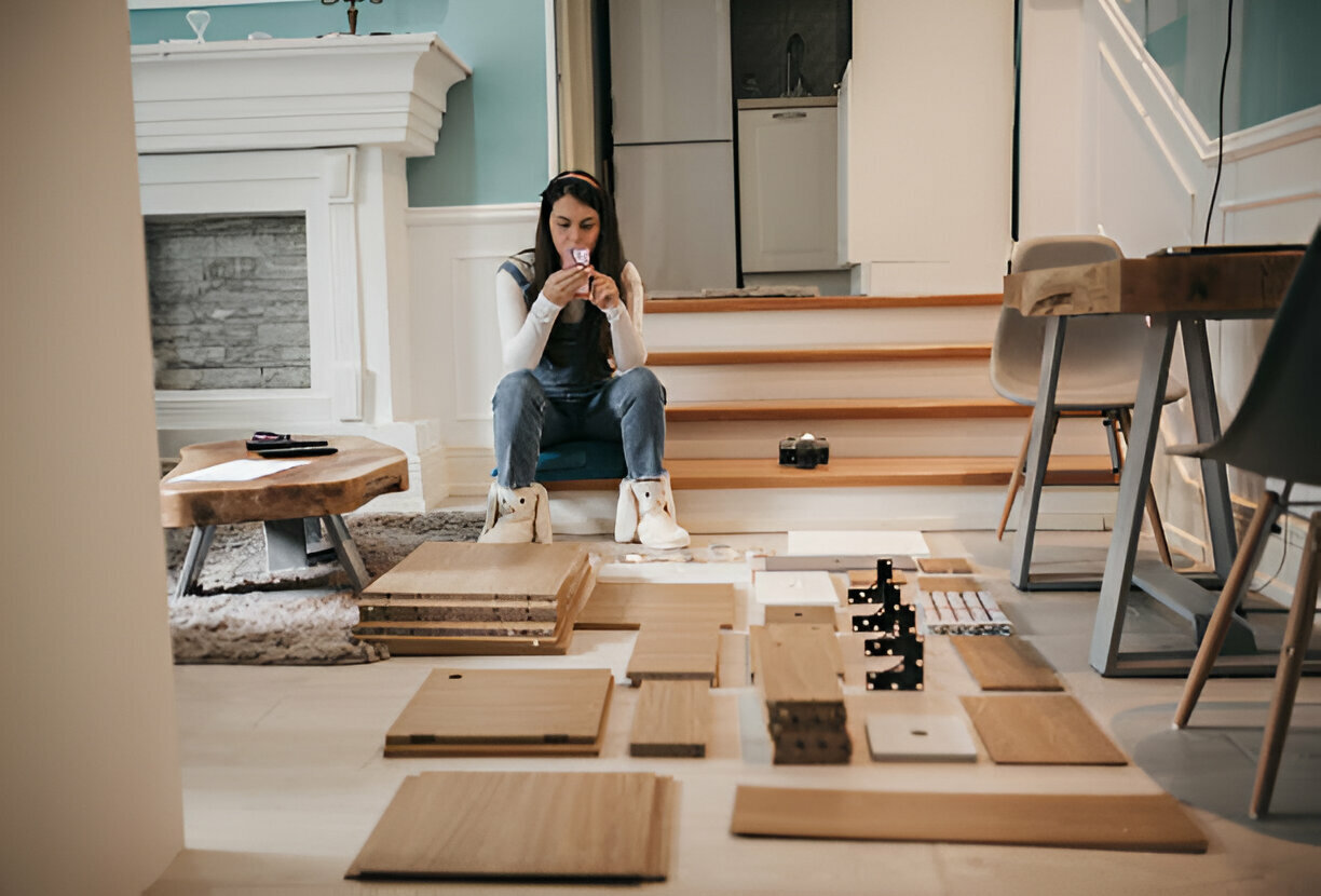 Woman assembling flat-pack furniture at home