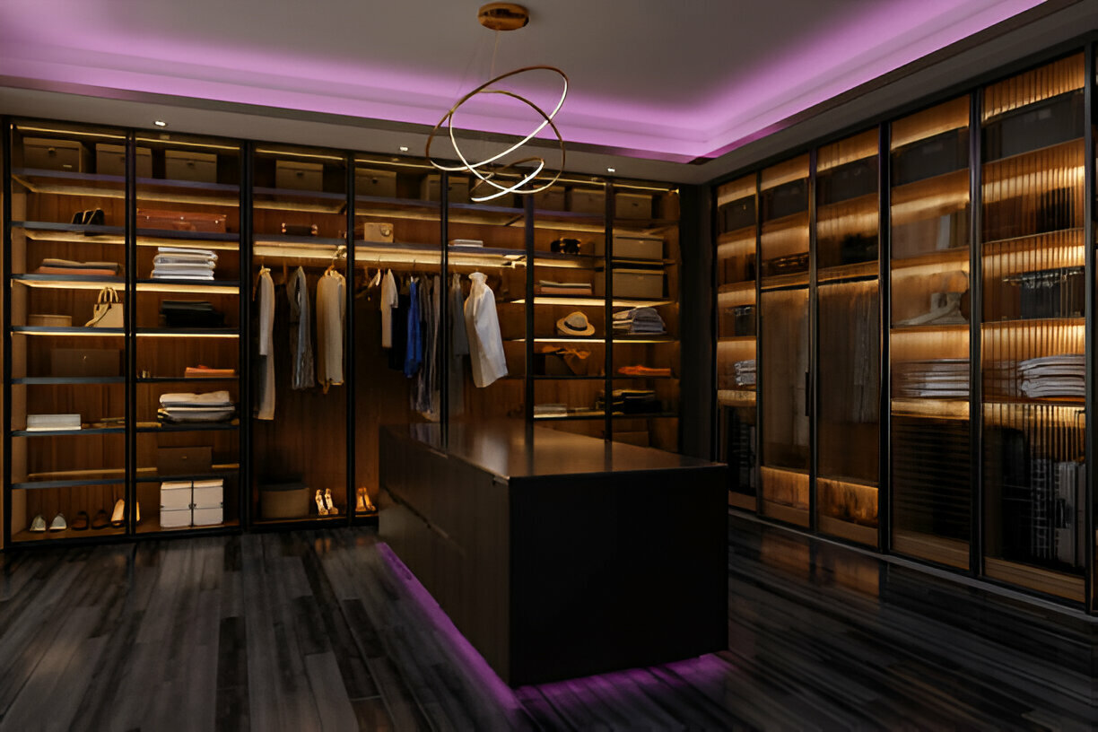 Luxury walk-in closet with modern lighting