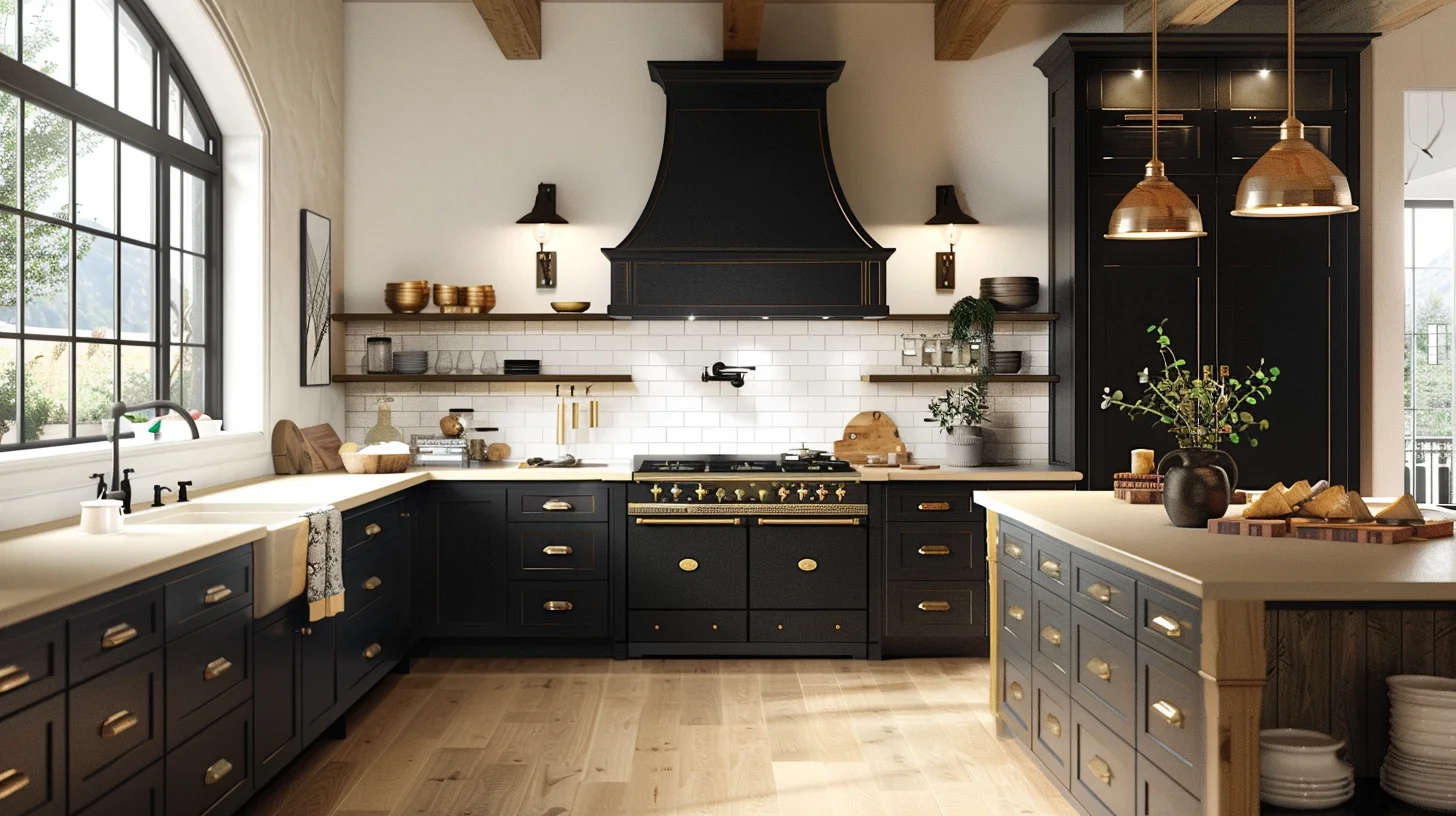  Transitional kitchen with matte black cabinets, brass hardware, and vintage range