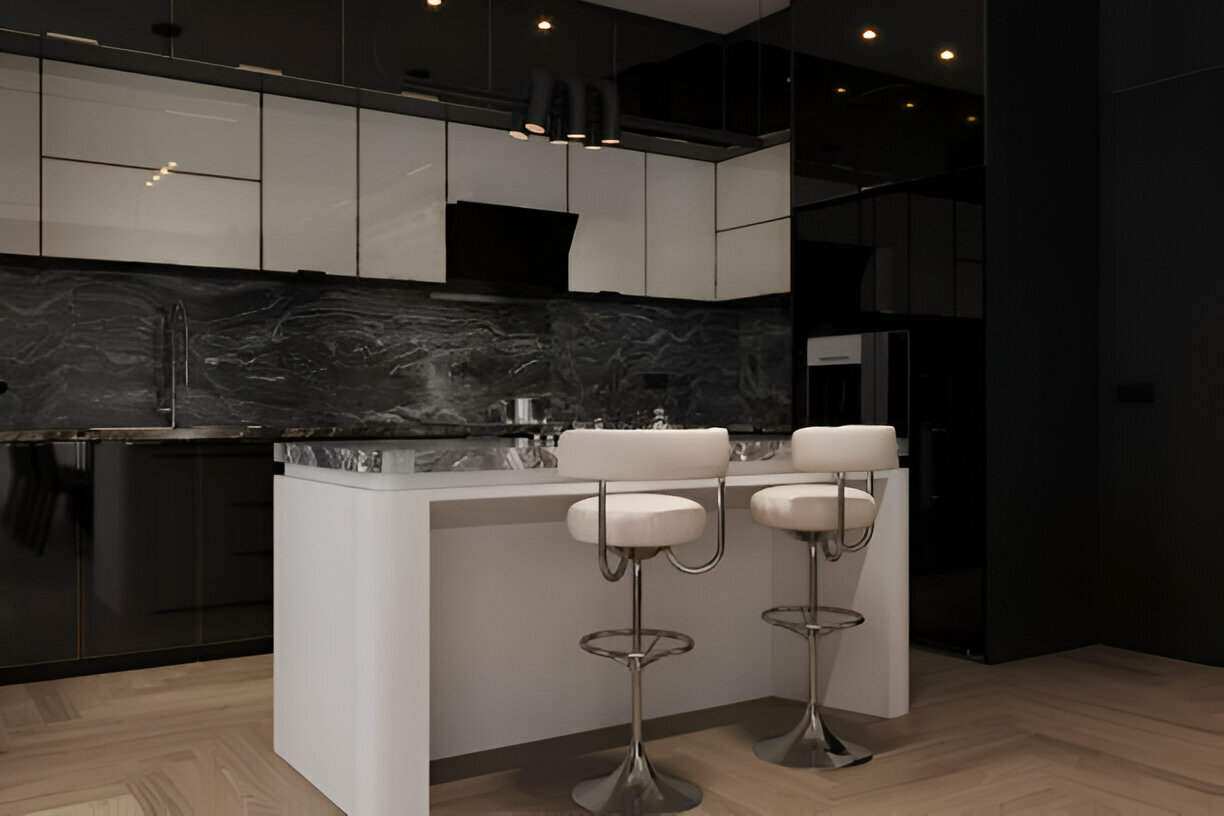 Modern kitchen with black backsplash and white island