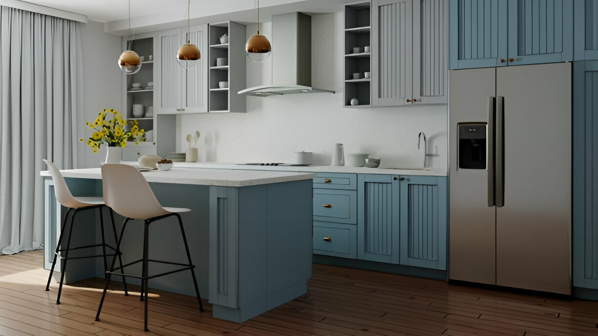 Light blue kitchen cabinets with island and pendant lighting