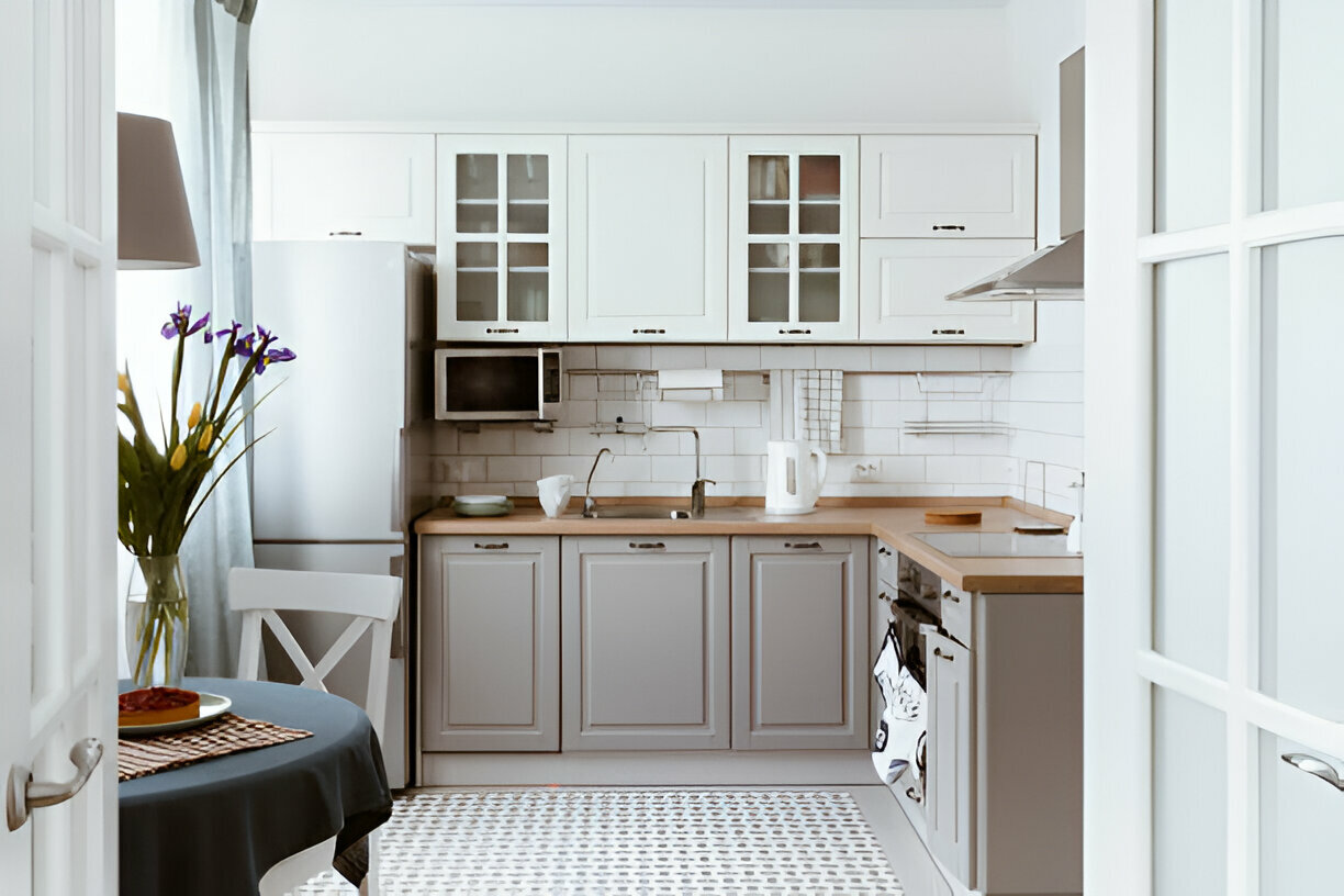 Classic white and gray kitchen with wooden countertops