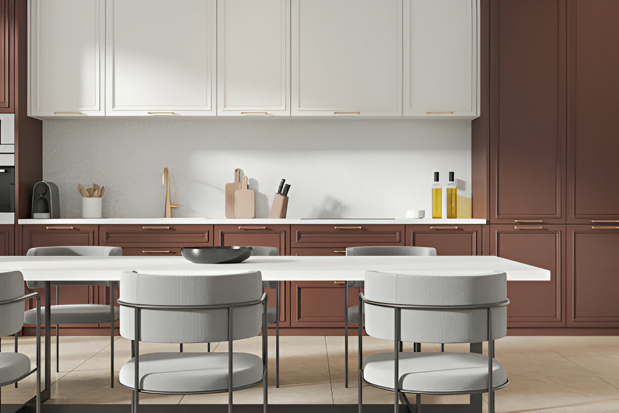 Modern kitchen with brown lower cabinets and white uppers
