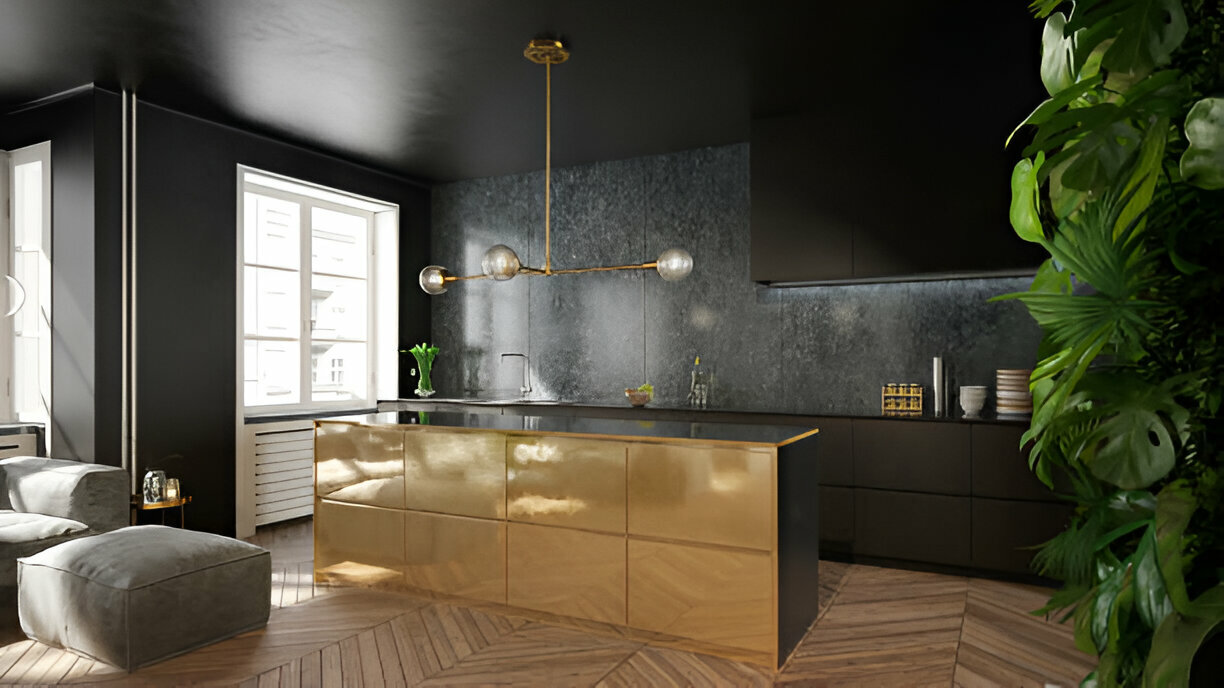 Modern black and gold kitchen interior with green plant wall