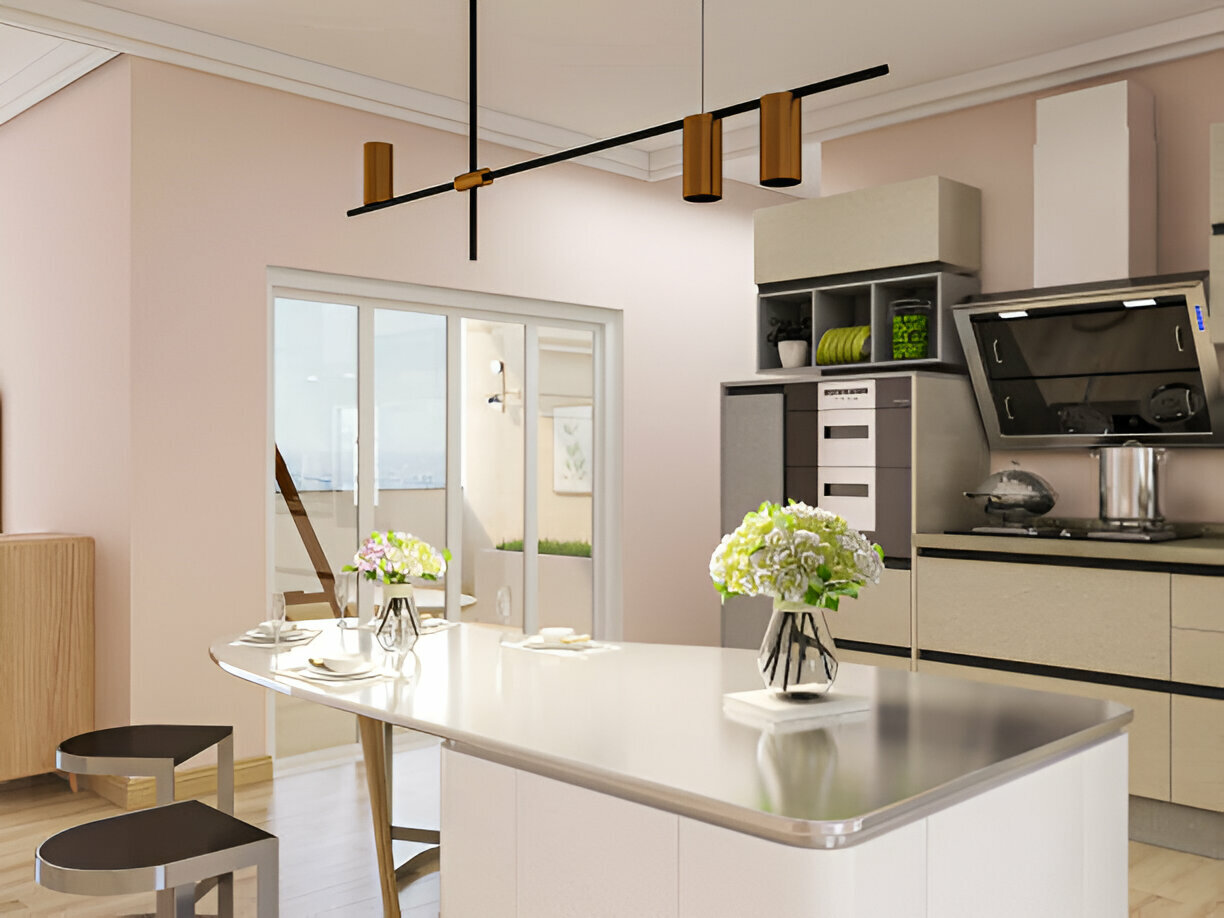 Elegant pastel kitchen with modern island and hanging light fixture