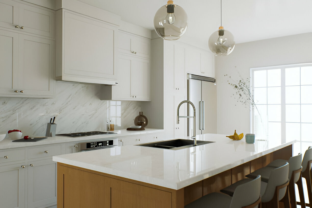 Modern kitchen with white cabinets, marble backsplash, and wood island