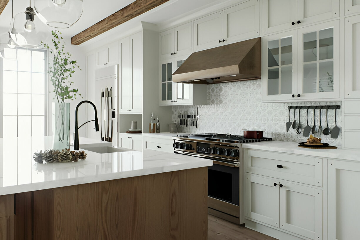 Bright farmhouse kitchen with white cabinetry and wood accents
