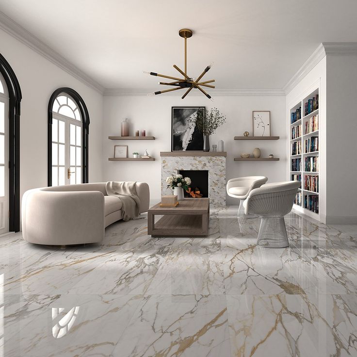 Sophisticated living room with glossy white marble flooring, minimalist furniture, fireplace, modern chandelier, and wall shelves