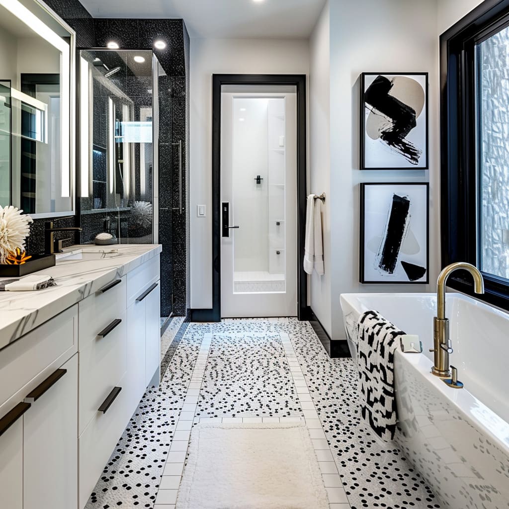 Contemporary bathroom featuring a marble countertop vanity, patterned mosaic tile floor, gold faucet bathtub, abstract wall art, and black frame finishes