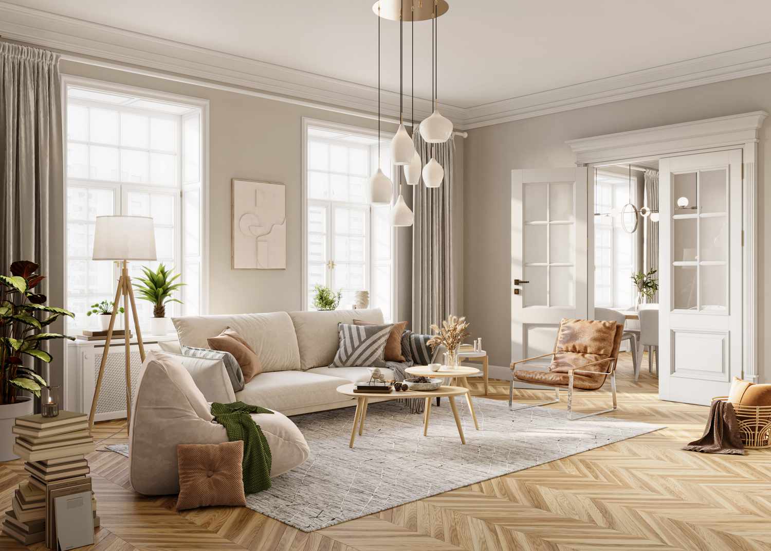 Scandinavian-style living room with beige sofa, wood chevron flooring, layered lighting, neutral decor, and large windows with curtains