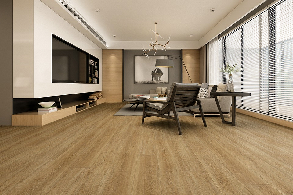 Modern living room featuring light oak-look vinyl flooring, large TV unit, minimalist furniture, and floor-to-ceiling windows with blinds