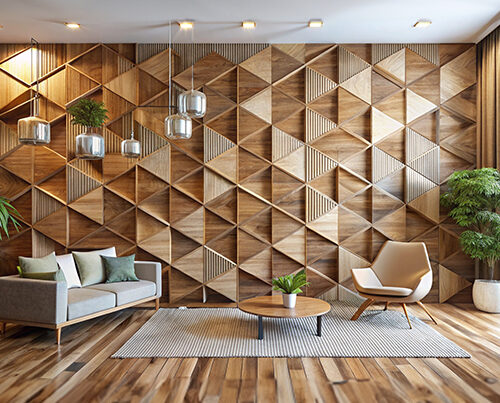 Modern living room featuring 3D geometric wood wall paneling, mid-century furniture, hanging pendant lights, and indoor plants