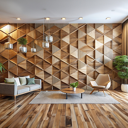 Modern living room featuring 3D geometric wood wall paneling, mid-century furniture, hanging pendant lights, and indoor plants