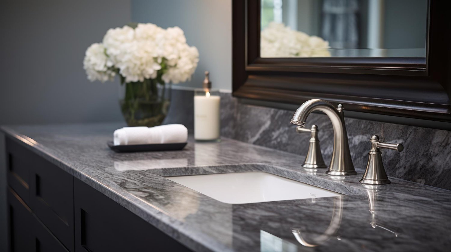 Close-up of a luxurious bathroom vanity featuring a gray marble countertop, under-mount sink, brushed nickel faucet, white flowers, and a candle