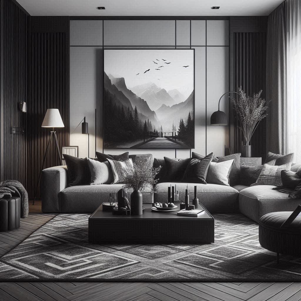 Contemporary living room with gray sectional sofa, geometric rug, dark wood paneling, and a large black-and-white mountain wall art