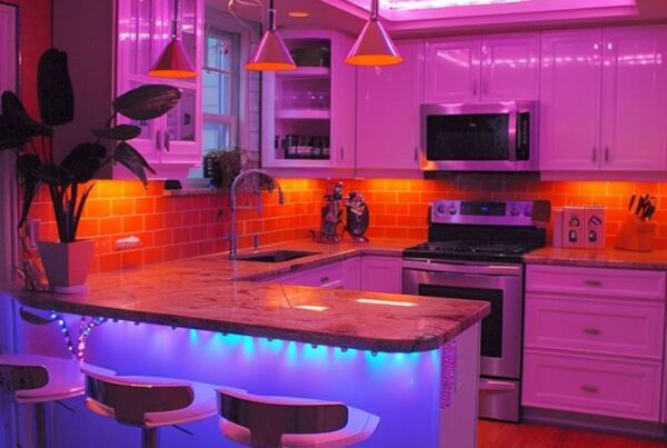 Modern kitchen with ambient LED lighting in purple, blue, and orange tones, featuring a central island with bar stools, white cabinetry, and stainless steel appliances.