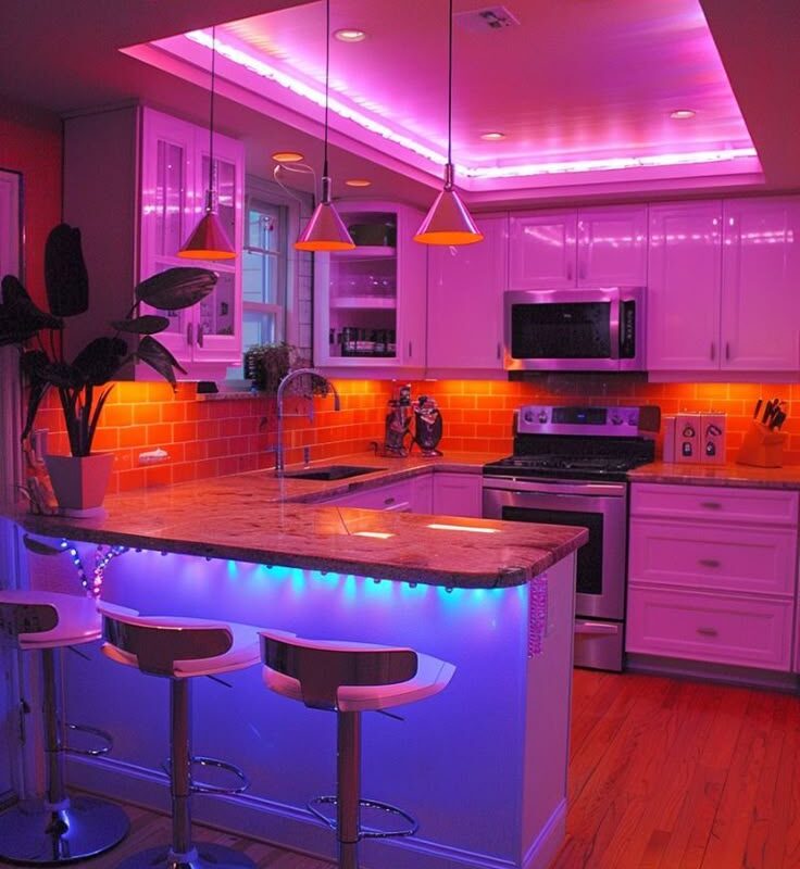 Modern kitchen with ambient LED lighting in purple, blue, and orange tones, featuring a central island with bar stools, white cabinetry, and stainless steel appliances.