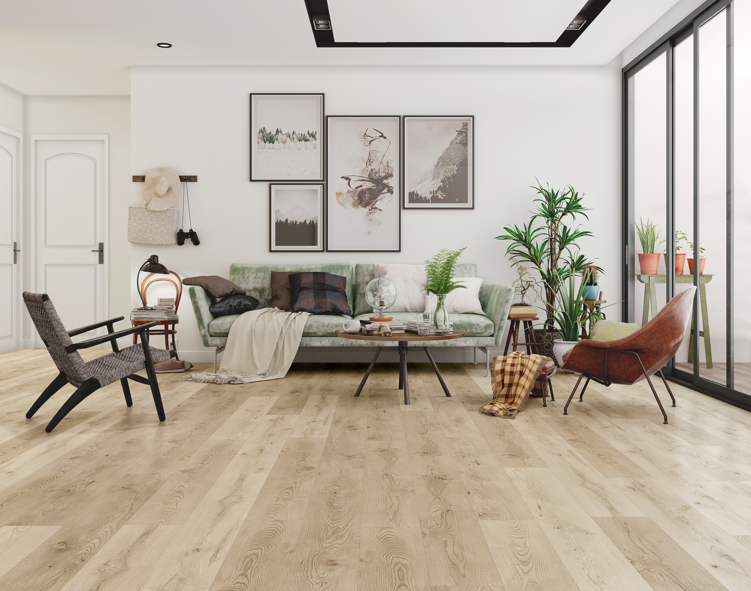 Modern living room with wooden flooring, green sofa, and indoor plants by large glass windows