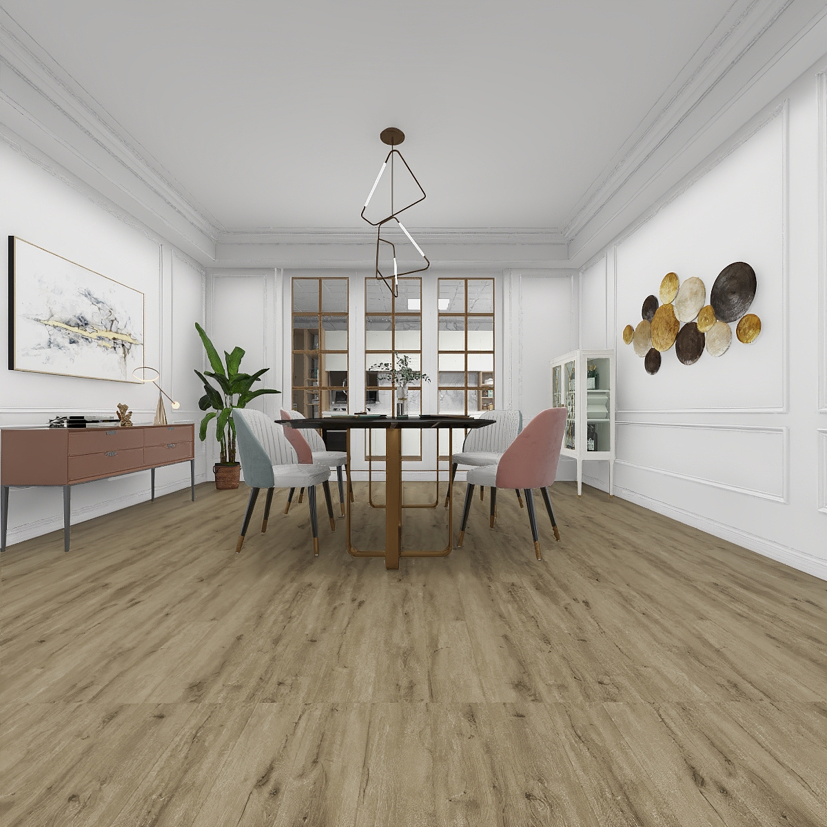 Stylish dining room featuring light oak wood-look vinyl flooring, a round black table, pastel accent chairs, and modern decor.