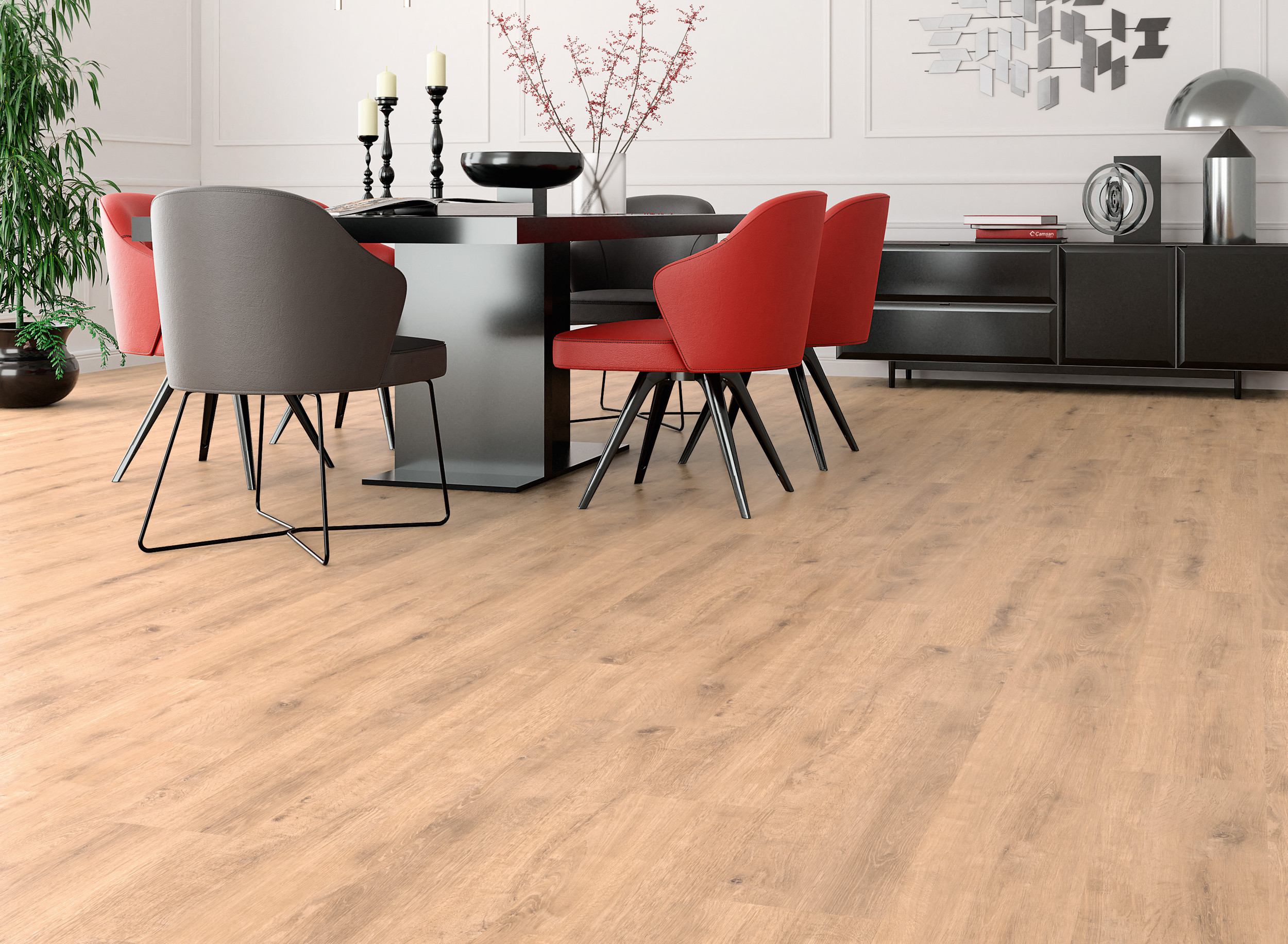 Stylish dining area with light oak wood flooring, a black dining table, red and gray modern chairs, and minimalist black sideboard.