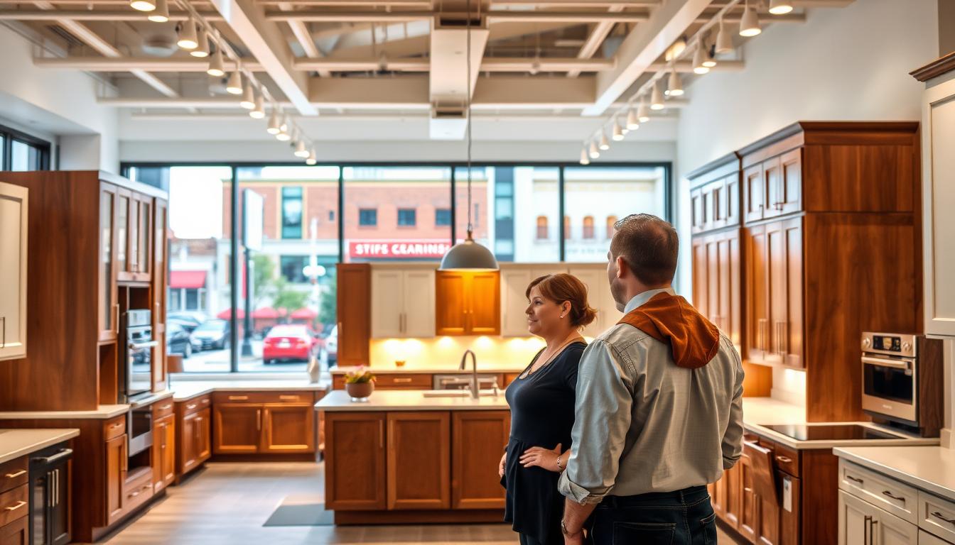 A bright, modern interior of the MDC Design Center showroom in Cherry Hill, NJ. In the foreground, a welcoming customer service representative stands ready to assist a couple browsing kitchen cabinet displays. Soft, warm lighting illuminates the room, highlighting the rich wood tones and sleek, contemporary designs. The middle ground features an array of cabinet styles, doors, and finishes, allowing customers to envision their perfect kitchen. In the background, large windows offer a view of the bustling Cherry Hill streetscape, creating a sense of community and connectivity. The overall atmosphere conveys a high-quality, personalized shopping experience focused on helping customers find their dream kitchen.