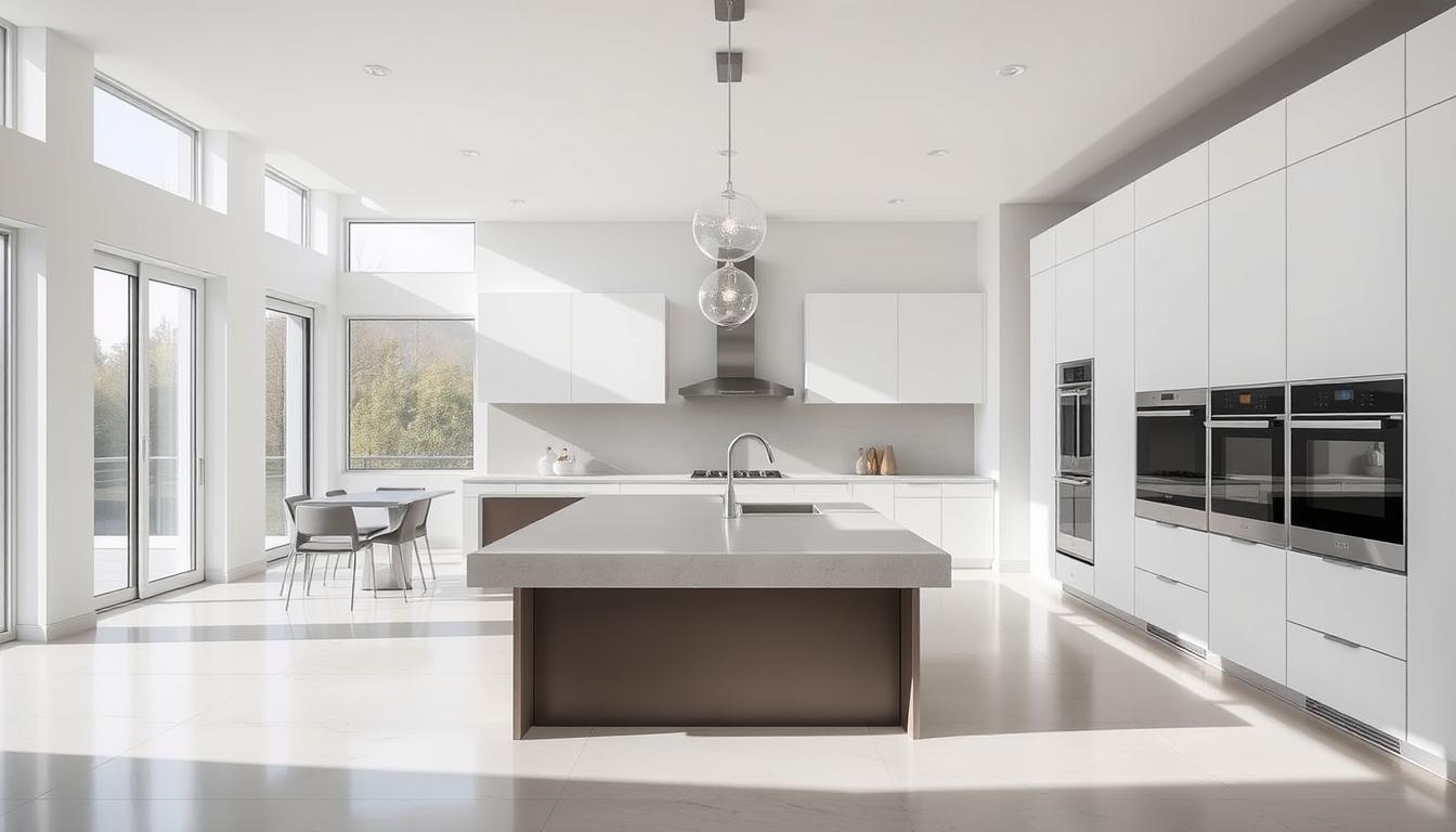 A contemporary kitchen design featuring clean lines, sleek surfaces, and integrated MDC Design Center appliances. The open-concept layout showcases a central island with a waterfall countertop, flanked by minimalist white cabinetry and pendant lighting. Expansive windows flood the space with natural light, creating a bright and airy atmosphere. The backsplash is a sophisticated matte tile, complementing the stainless steel accents. Smooth textures, muted tones, and a focus on functionality define this modern, high-end kitchen design.