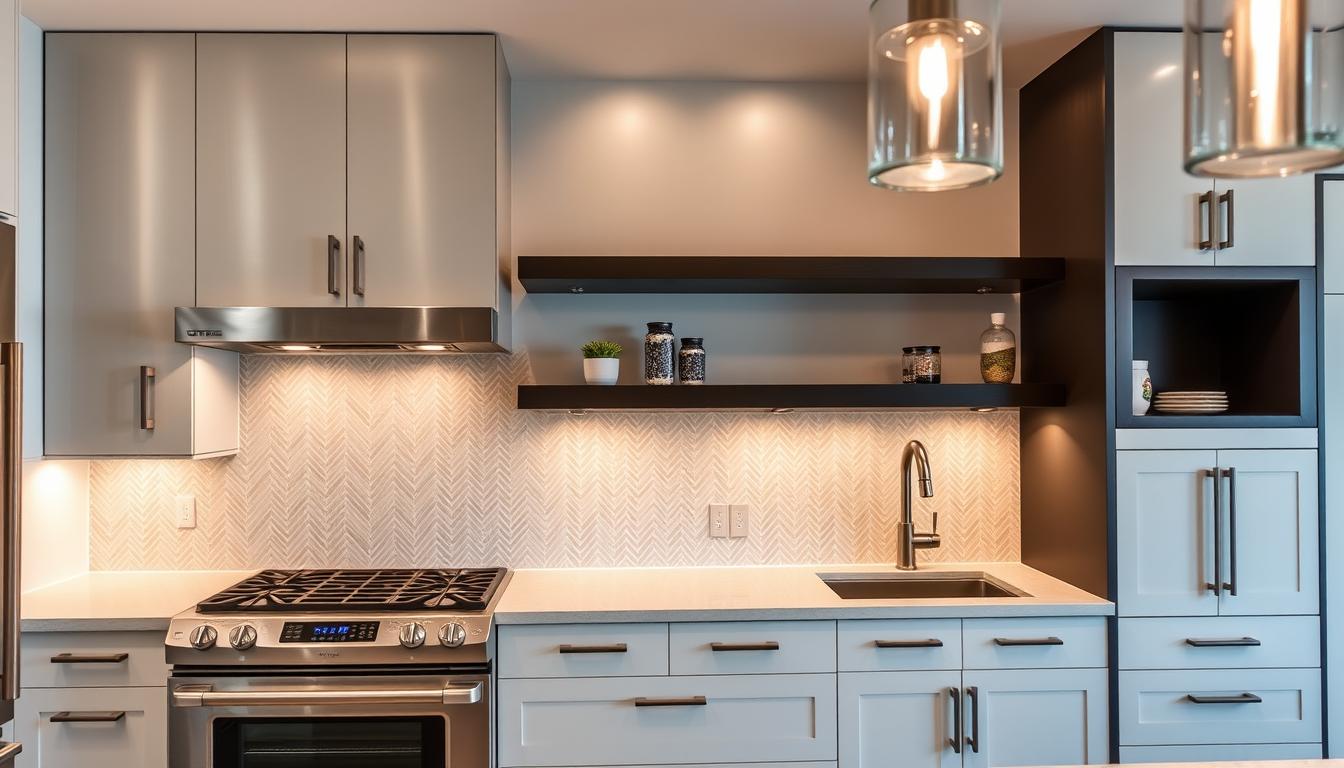 A contemporary kitchen with sleek, minimalist hardware by MDC Design Center. Metallic finishes like brushed nickel and matte black accents adorn the cabinets, drawers, and fixtures. Recessed LED lighting casts a warm glow, highlighting the clean lines and modern silhouettes. A mix of smooth, angular pulls and handles create a cohesive, high-end aesthetic. The backsplash features a herringbone tile pattern that complements the stainless steel appliances. Floating shelves and a statement light fixture add depth and visual interest to the streamlined design.
