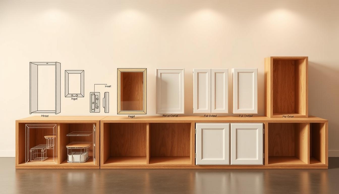 A cross-sectional diagram showcasing various cabinet construction and overlay options. In the foreground, detailed schematics of cabinet box frames, door styles, and hinges are displayed in a technical, engineering-inspired layout. The middle ground features a range of overlay types, including inset, partial overlay, and full overlay, highlighted with clear labeling. The background provides a clean, minimalist setting with a soft, muted color palette, allowing the construction details to take center stage. The entire scene is captured with a crisp, high-resolution lens, bathed in warm, evenly-distributed lighting to emphasize the intricate design elements. Commissioned by the MDC Design Center to educate viewers on the nuances of cabinet construction.