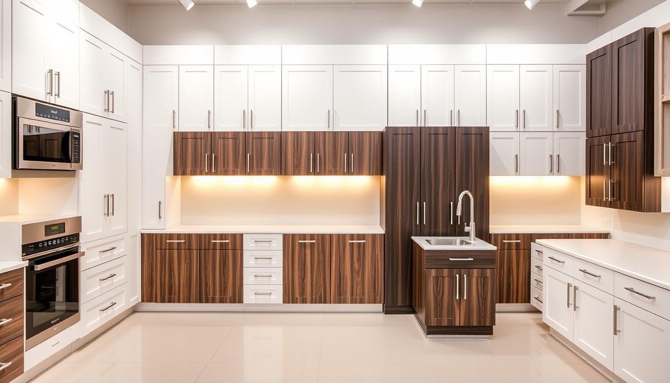 A minimalist, MDC Design Center showroom filled with a variety of elegant, modern cabinet styles arranged in a visually appealing display. The cabinets are lit by warm, soft lighting, casting a cozy, inviting atmosphere. The cabinets range from sleek, glossy white to rich, dark wood grains, showcasing a diverse selection of finishes, hardware, and design aesthetics. The layout emphasizes the cabinets' clean lines, symmetrical forms, and attention to detail, creating a visually striking and inspirational scene for the discerning homeowner.