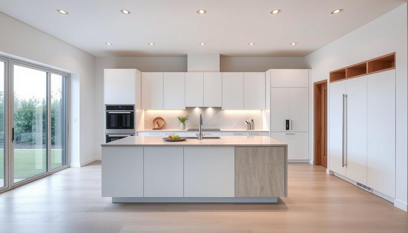 A modern and minimalist kitchen design showcasing custom cabinets from the MDC Design Center. The focal point is a sleek and streamlined island with a natural stone countertop, complemented by a neutral color palette of white walls and light wood accents. Recessed lighting casts a warm glow, illuminating the clean lines and contemporary aesthetic. The layout emphasizes efficient workflow, with ample storage and prep space. Large windows allow natural light to flood the space, creating a bright and airy atmosphere. The overall design exudes a sense of sophistication and sustainability, reflecting the eco-friendly ethos of the article.