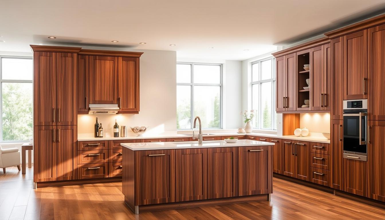 A modern and well-appointed kitchen featuring high-quality cabinetry from the MDC Design Center. The cabinets are crafted from premium wood with a rich, glossy finish, complemented by sleek metal hardware. The arrangement creates a harmonious flow, with ample storage space and a visually appealing symmetry. Soft, warm lighting illuminates the scene, casting a cozy and inviting atmosphere. The kitchen is situated in a spacious, airy room with large windows, allowing natural light to flood the space. The overall impression is one of luxury, functionality, and timeless design.