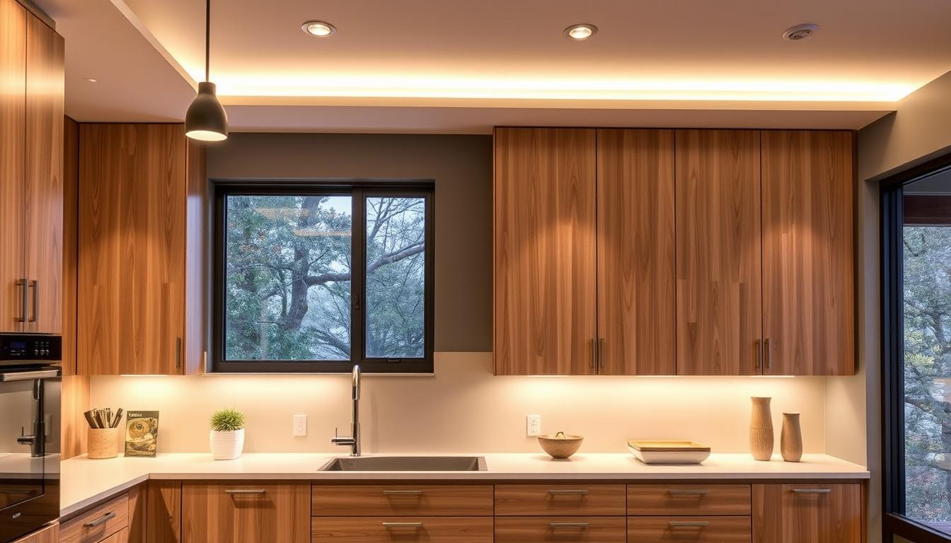 A modern kitchen interior with sleek, stylish MDC Design Center cabinets in a light wood finish. The cabinets feature clean lines, ample storage space, and state-of-the-art hardware. Warm, diffused lighting from overhead fixtures casts a cozy glow, complemented by large windows that flood the space with natural light. The cabinets are the focal point, seamlessly integrated into the overall design, creating a harmonious and inviting atmosphere. The kitchen exudes a sense of sophistication and functionality, showcasing the perfect balance between form and function.