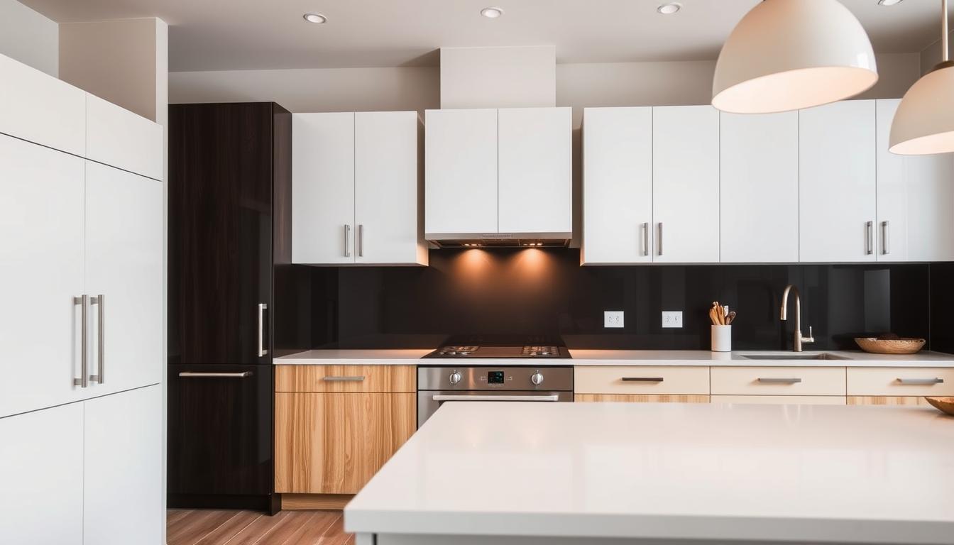 A modern, well-lit kitchen featuring an assortment of high-quality cabinet finishes from MDC Design Center. In the foreground, sleek white lacquered cabinets with minimal hardware. In the middle ground, warm wood-grain cabinets with a natural, satin sheen. In the background, dark matte black cabinets provide a bold contrast. The overall scene is captured with a wide-angle lens, showcasing the variety of finishes and how they can be harmoniously combined to create a cohesive, visually striking kitchen design.