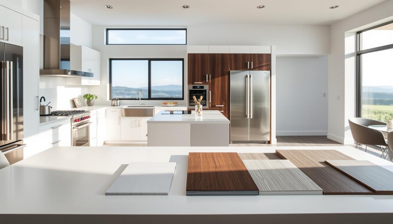 A sleek and modern kitchen showcasing an array of cabinet materials. In the foreground, various cabinet samples are displayed on a minimalist white table, casting soft shadows. The middle ground features an open, well-lit kitchen space with stainless steel appliances and clean, white walls. In the background, a large window provides natural lighting, revealing a scenic outdoor landscape. The overall atmosphere is one of sophistication and attention to detail. Captured by the MDC Design Center, this image highlights the diverse material options for durable, high-quality cabinets.