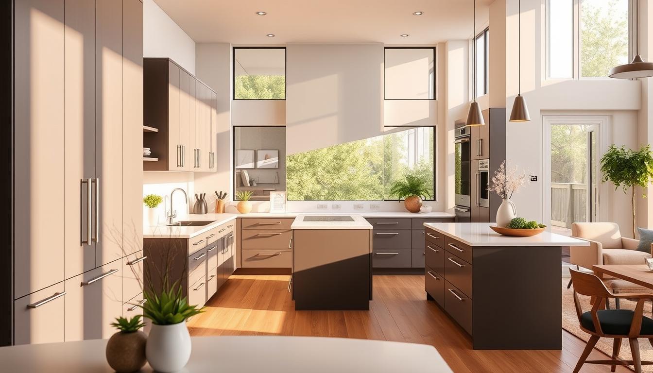 A sleek and modern kitchen with MDC Design Center cabinets, bathed in warm, natural lighting from large windows. The cabinets feature clean lines, minimalist handles, and a matte, monochromatic finish that complements the light wood floors and quartz countertops. In the foreground, a few decorative elements like potted plants and a modern vase add a touch of elegance. The middle ground showcases the efficient layout, with a central island providing ample workspace. The background hints at an open-concept living space, blending seamlessly with the kitchen. An atmosphere of sophistication, functionality, and timeless design pervades the scene.