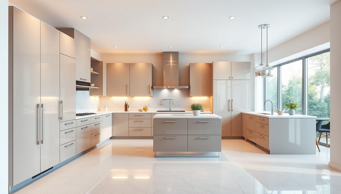A sleek and modern kitchen with premium MDC Design Center cabinets showcased in a well-lit, spacious setting. The cabinets feature a mix of smooth, high-gloss finishes in neutral tones, complemented by brushed metal hardware. Subtle lighting casts a warm glow, highlighting the elegant, minimalist design. In the foreground, the cabinets are arranged in a U-shape, creating a visually appealing and functional layout. The middle ground showcases a large, stylish kitchen island with a quartz or marble countertop, providing ample workspace. The background features a bright, airy space with large windows, allowing natural light to flood the room and enhance the overall ambiance.