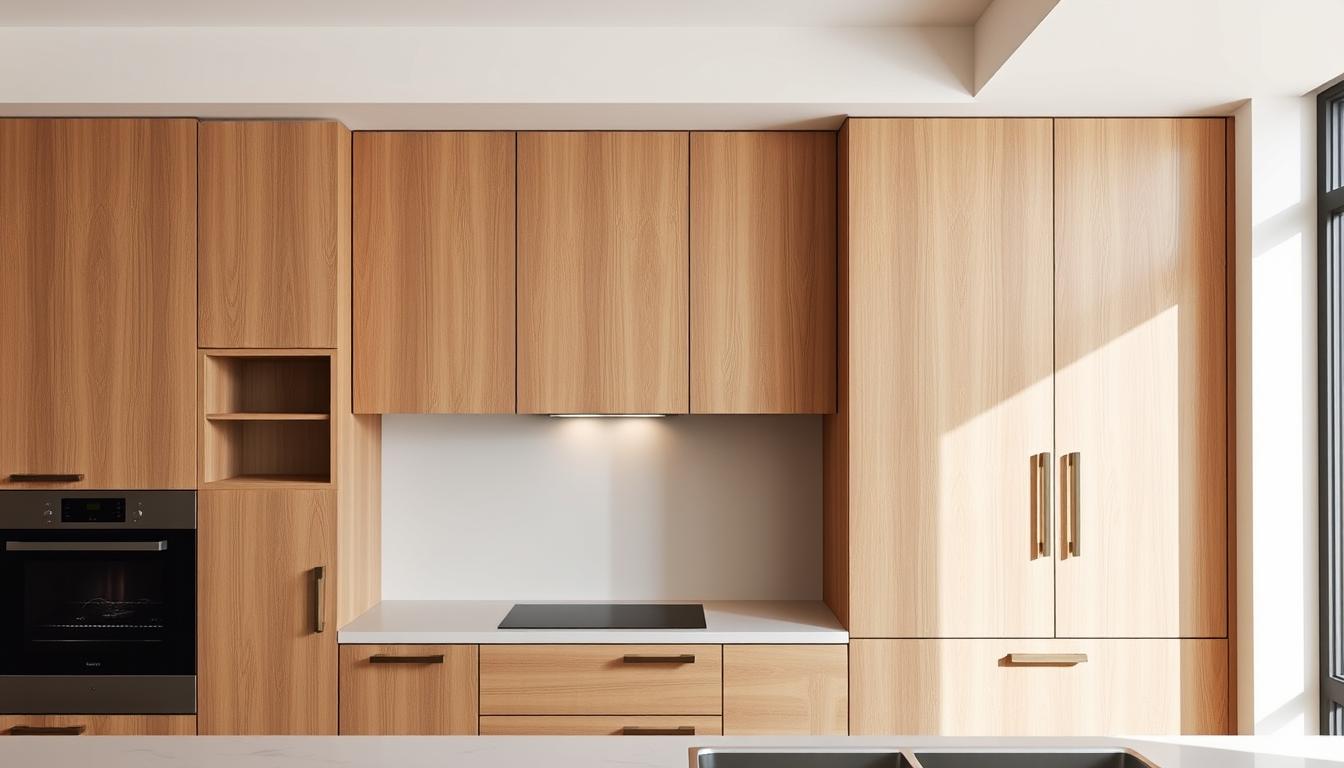A sleek, minimalist bespoke cabinetry design featuring clean lines, premium wood finishes, and subtle hardware details. The composition showcases a well-balanced arrangement of upper and lower cabinets, with a focus on negative space and natural lighting. Rendered in a warm, cozy palette, the scene conveys a sense of elegance and craftsmanship. The design is presented in a high-end kitchen setting, evoking the premium quality of MDC Design Center's custom cabinetry solutions.