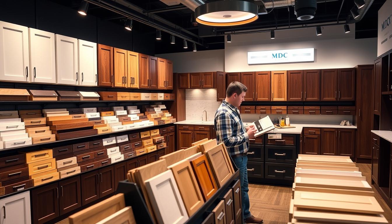 A sleek, modern MDC Design Center showroom filled with a variety of custom cabinets. The foreground showcases an array of cabinet door styles, finishes, and hardware options arrayed on display shelves. In the middle ground, a contractor examines cabinet samples, visualizing how they would look in a kitchen or bathroom setting. The background features a sophisticated lighting setup, accentuating the cabinets' rich textures and providing a warm, inviting atmosphere. The scene conveys the seamless, collaborative custom cabinet ordering process for contractors, highlighting the high-quality, diverse options available at the MDC Design Center.