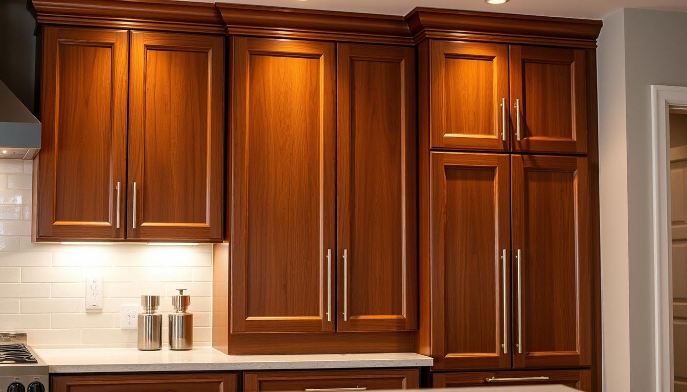 A sleek, modern kitchen showcasing a set of durable, high-quality cabinets from the MDC Design Center. The cabinets are crafted from premium hardwood, featuring a rich, glossy finish that exudes elegance and sophistication. Strategically positioned lighting casts a warm, inviting glow, highlighting the cabinet's intricate details and craftsmanship. The scene is captured from a slightly elevated angle, allowing the viewer to appreciate the seamless integration of the cabinets within the overall kitchen layout. The background is softly blurred, keeping the focus on the stunning, built-to-last MDC Design Center cabinets that embody the commitment to quality and craftsmanship.
