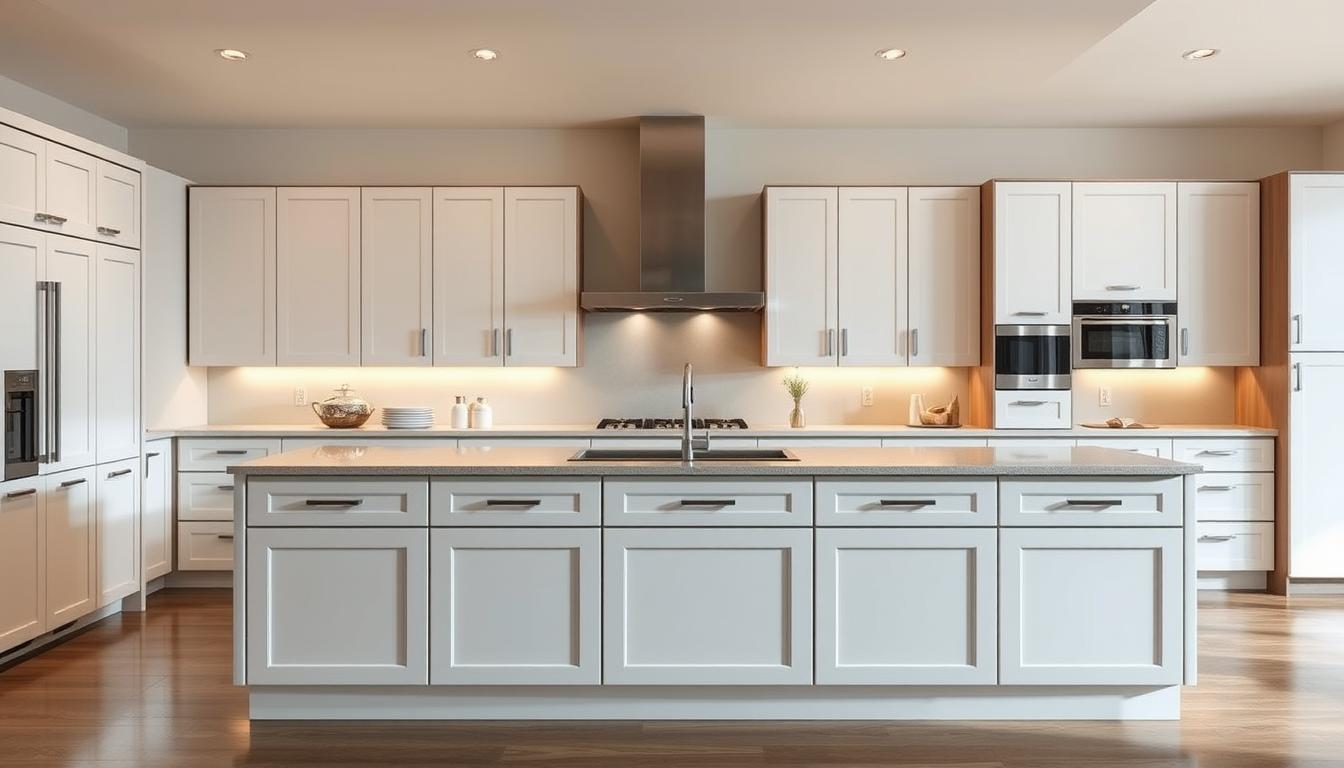 A sleek, modern kitchen with an array of high-quality cabinet brands showcased in a well-lit, spacious setting. In the foreground, the MDC Design Center cabinets take center stage, their clean lines and premium finishes catching the eye. In the middle ground, other leading cabinet brands are displayed, each with distinctive styles and features. The background features a minimalist, yet elegant kitchen environment, with subtle lighting and reflective surfaces amplifying the showcased cabinetry. The overall scene conveys a sense of sophistication, quality, and attention to detail, perfectly reflecting the "Top Kitchen Cabinet Brands Roundup" section of the article.