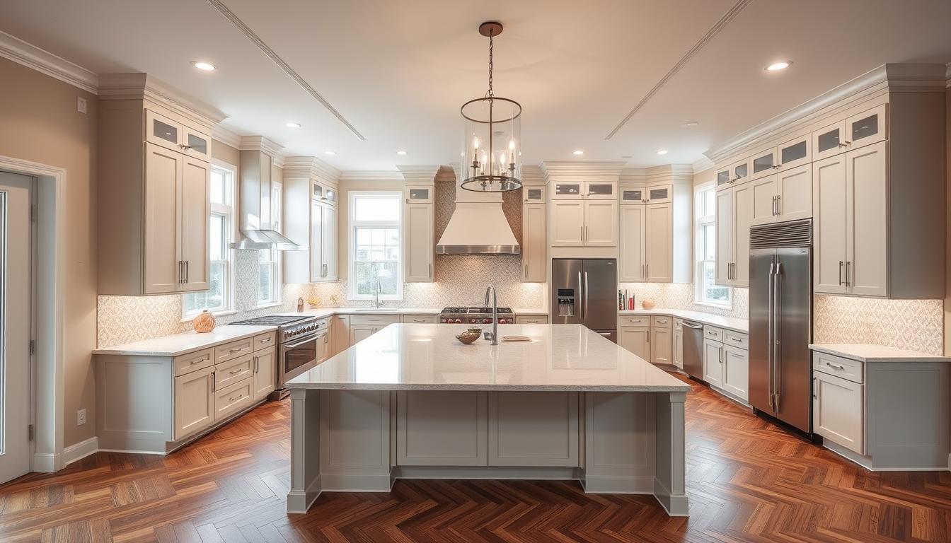 A spacious and luxurious kitchen with custom MDC Design Center cabinets in a warm, neutral palette. Sleek quartz countertops and a large central island with elegant pendant lighting. Expansive windows flood the room with natural light, complemented by sophisticated track lighting. Carefully curated stainless steel appliances and a stunning range hood create a harmonious, high-end aesthetic. Stylish herringbone-patterned hardwood floors and a stunning backsplash of handcrafted tiles add depth and texture. The open, airy layout and thoughtful design elements come together to craft the ultimate dream kitchen.