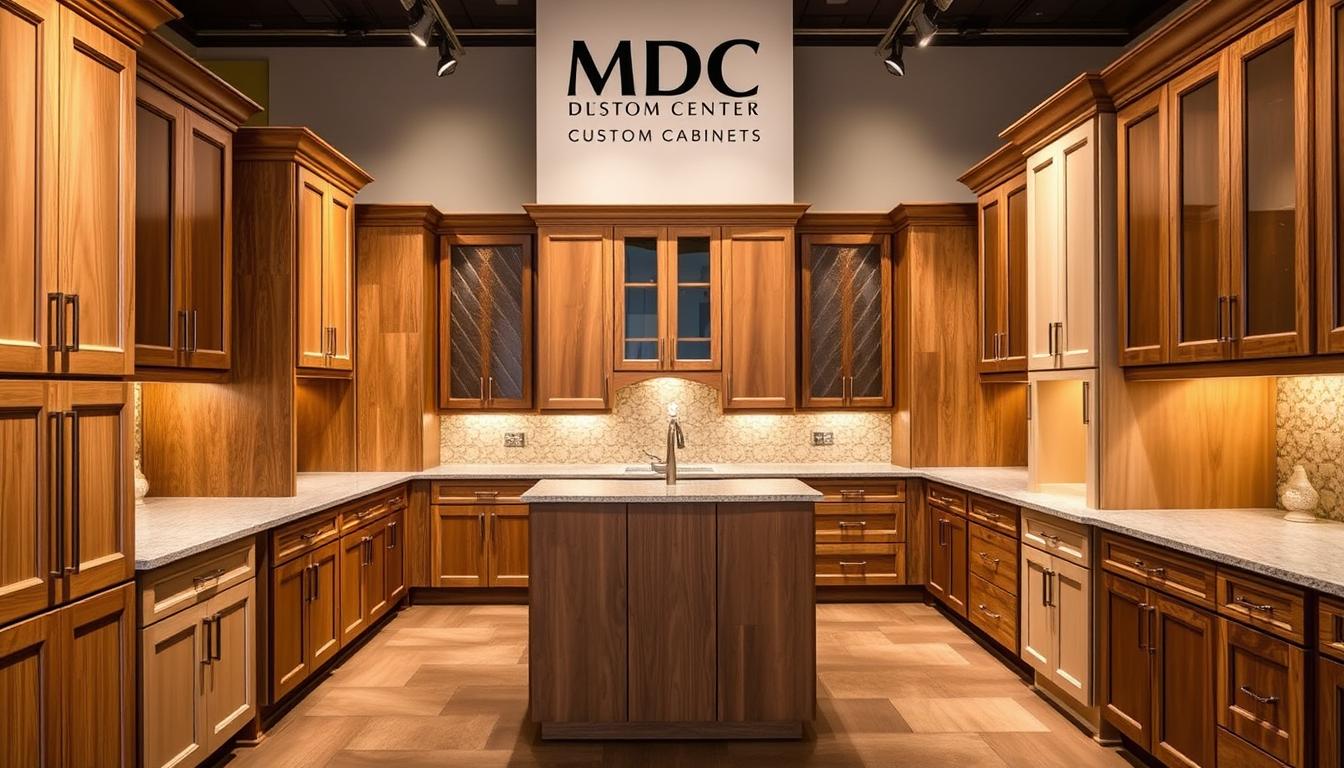 A stylish display of custom cabinetry options in a well-lit MDC Design Center showroom. Showcasing a variety of wood grains, finishes, and door styles arranged in a visually appealing, symmetrical layout. The cabinets are positioned at eye level, allowing the viewer to closely examine the craftsmanship and hardware details. Warm, diffused lighting casts gentle shadows, highlighting the depth and texture of the materials. The scene conveys a sense of refined elegance and high-quality, tailored design suitable for a luxurious kitchen or bathroom setting.
