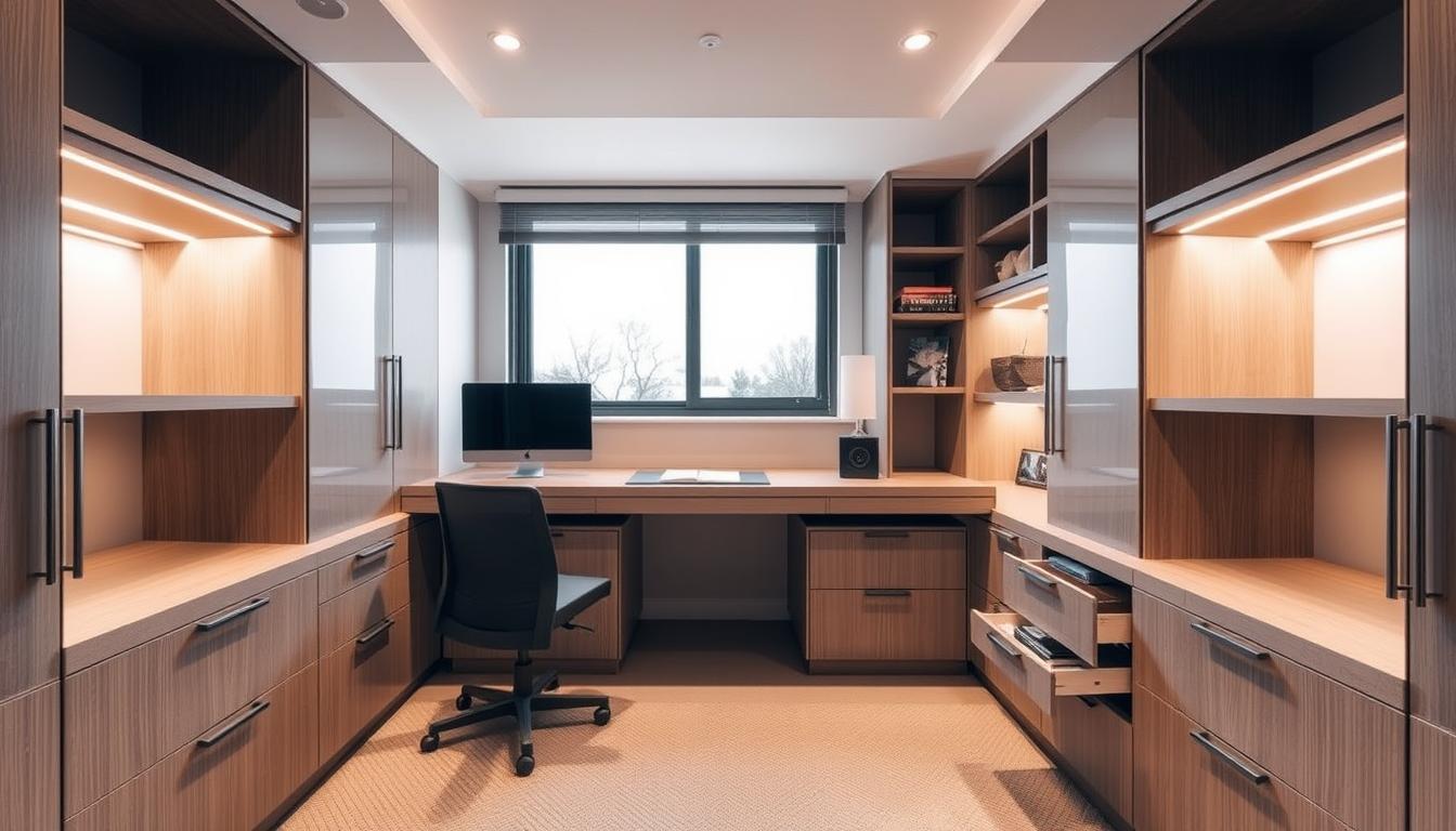 A stylishly modern, well-organized home office with sleek, built-in cabinets and drawers by the MDC Design Center. The cabinets feature discreet, integrated lighting, touch-open mechanisms, and adjustable shelves to optimize storage and display. The layout is clean and streamlined, with a neutral color palette accented by natural wood tones. Soft, diffused lighting creates a warm, productive atmosphere, while large windows allow ample natural illumination. The overall impression is one of efficiency, minimalism, and innovative storage solutions for the contemporary household.