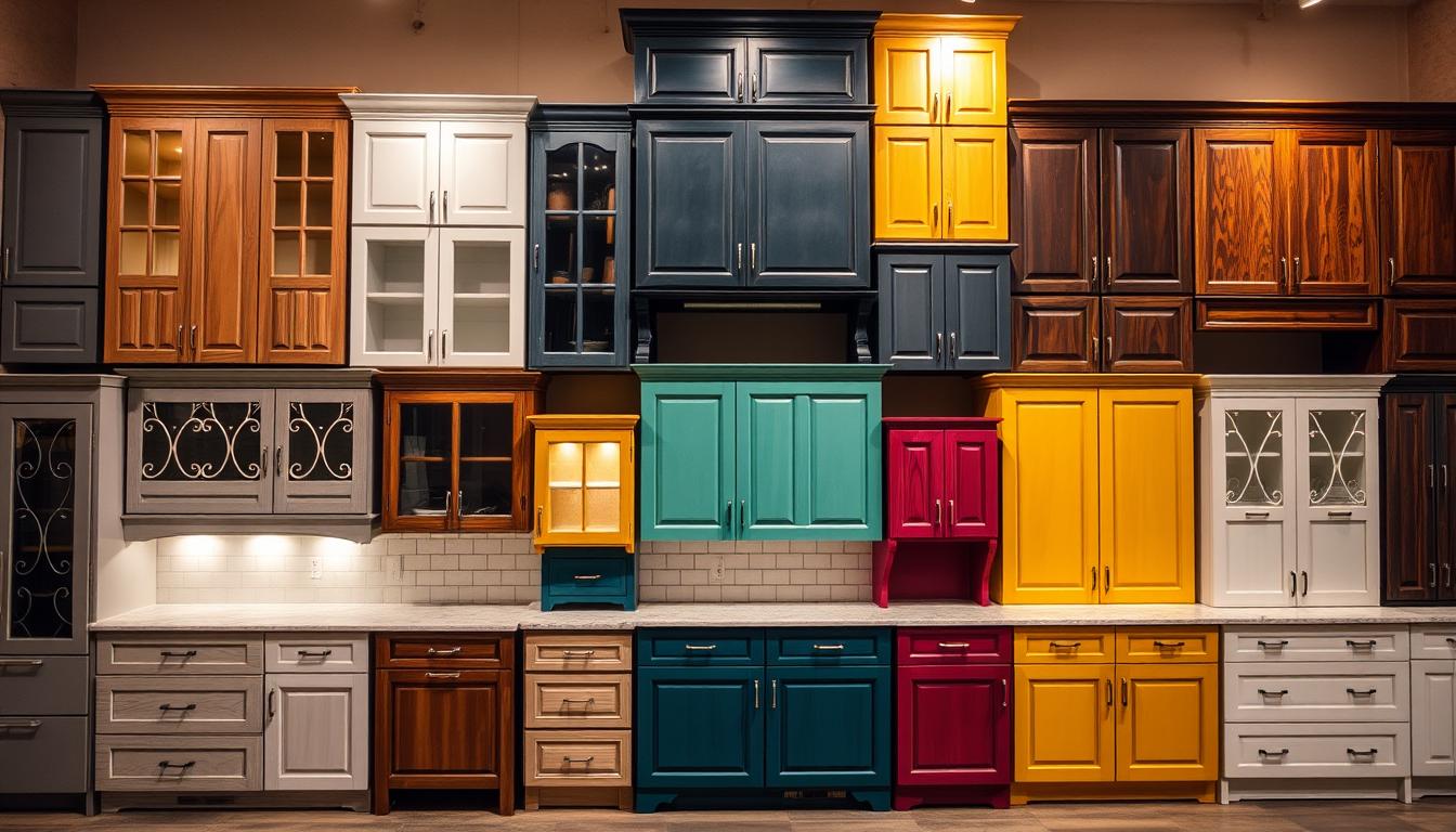 A visually striking collection of diverse kitchen cabinet styles and colors arranged in a harmonious display. In the foreground, a mix of sleek, modern cabinets in shades of gray, white, and wood tones, complemented by intricate glass-fronted displays. In the middle ground, bold, vibrant hues like deep blues, sage greens, and warm yellows create a vibrant, eclectic palette. The background showcases traditional raised-panel cabinets in rich, dark woods, providing a classic counterpoint. Subtle, warm lighting casts a cozy glow, highlighting the textures and details of the MDC Design Center cabinetry. The composition is balanced, inviting the viewer to imagine the possibilities for their own kitchen design.