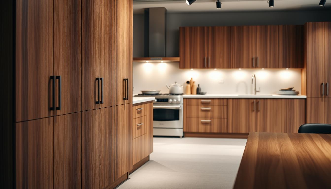 A well-crafted kitchen display showcasing the exceptional quality and craftsmanship of MDC Design Center cabinets. The foreground features a set of sleek, minimalist cabinets with a rich, wood-grained finish and clean, contemporary hardware. Soft, diffused lighting illuminates the details, highlighting the precision of the joints and the smoothness of the surfaces. In the middle ground, a selection of high-end appliances and accessories complement the cabinetry, creating a harmonious, functional workspace. The background subtly suggests an elegant, modern kitchen setting, with subtle textures and muted tones that allow the cabinets to take center stage. The overall scene conveys a sense of timeless elegance, quality, and thoughtful design.